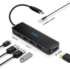 USB C HUB, Aluminum 6-in-1 USB C to Multimedia Adapter with 4K HDTV,100W PD, 3 USB 3.0 Ports, 3.5mm Audio Jack