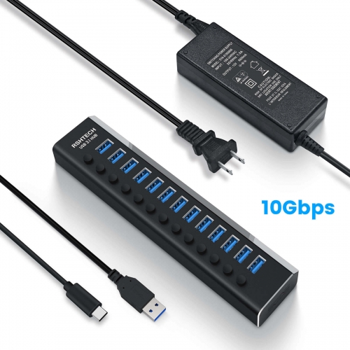 13 Port USB 3.1 Hub 10Gbps with 72W Power Adapter, Type A and Type C Data Cables (RSH-A13)