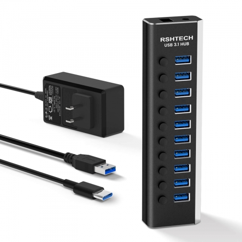 10-Port USB 3.1 Hub 10Gbps with 12V/3A Power Adapter, USB-A and USB-C Cables, RSH-A10S