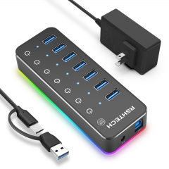 Powered USB Hub, Rosonway 8-Port USB 3.2/USB C Hub with 6 USB 3.2 Ports  10Gbps, SD/TF Card Readers, 3.3ft Long Cable and 12V/2A Power Adapter