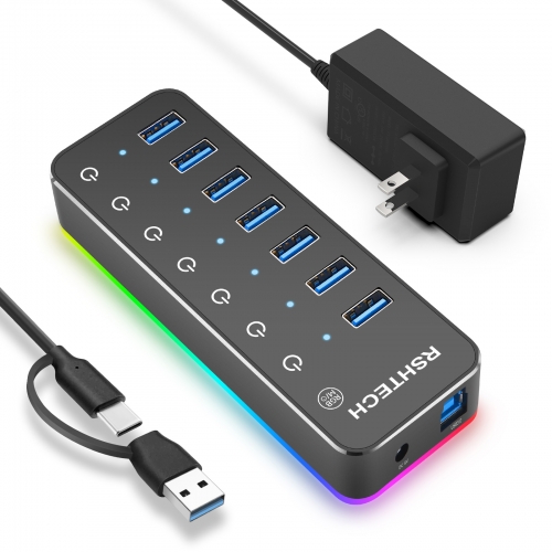 Powered USB Hub, RSHTECH 7-Port Powered USB 3.0/USB C Hub with 14 Mode RGB LED Strip, 3.3ft Data Cable and 5V/4A Power Adapter, RSH-518R