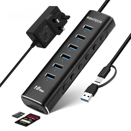 RSHTECH 8-Port Powered USB C /USB 3.1/3.2 Gen2 Hub, Aluminum USB Splitter with 6 USB-A Data Ports + SD/TF Card Readers, RSH-A107D