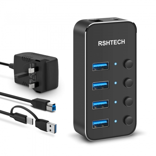 RSHTECH 4-Port Powered USB 3.0 /USB C Hub, Aluminum USB Splitter USB 3.0 Extension Hub with 2-in-1 USB A /C Cable and 5V/2A Power Adapter (RSH-ST04)