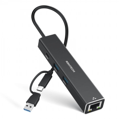 RSHTECH 4-Port USB 3.1/3.2 Gen2 Hub with Rj45 Gigabit Network Port and 10Gbps USB-C and 2 USB-A Data Port, Aluminum Portable USB C to Ethernet Adapter