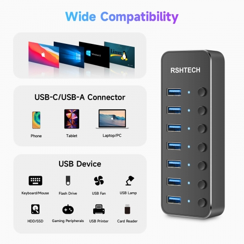 REAGLE 7-Port HUB, USB 3.2 mit 100 cm Kabel für Desktop, 7in1, 4X USB-A und 3X USB-C, 36W, Plug and Play, Aluminium USB Verteiler 5Gbps, für PC, Laptop, MacBook, U-Disk, Maus