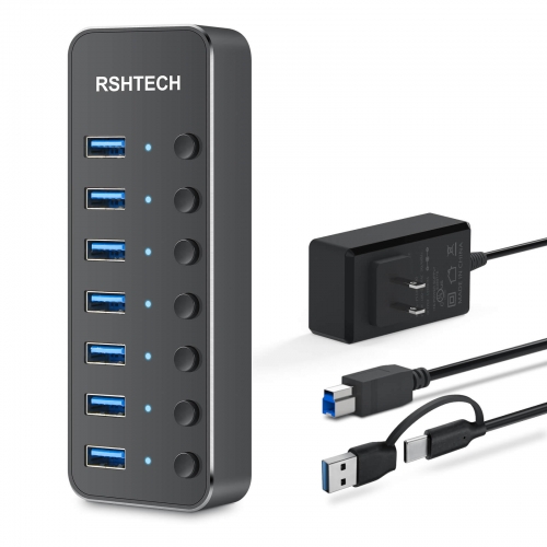 Powered USB Hub, RSHTECH 7 Port USB 3.0/USB C Hub Upgraded Version Aluminum USB Hub with 2 in 1 USB Cable,5V 3A Power Adapter, RSH-ST07