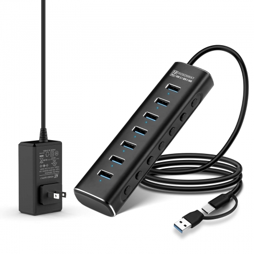 Powered USB Hub, Rosonway 7 Ports USB 3.2 Gen 2/USB C Hub 10Gbps with 3.3ft USB-A/USB-C Data Cable and 24W Power Adapter, RSH-A107