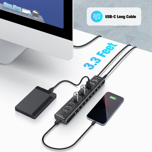 RSHTECH 10 Ports USB C Hub Met Voeding - 10Gbps USB 3.2 & 45W PD Opladen