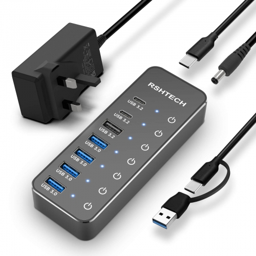 7-Port Powered USB A/C Hub with 10Gbps USB-A & 2 USB-C Data Ports, 4 USB-A 3.0 Ports, 5V power Adapter and 1m/3.3ft USB A/C Cable, RSH-ST07C