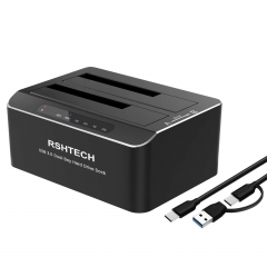 RSHTECH USB 3.0/USB C to SATA Dual Bay Hard Drive Docking Station for 2.5 and 3.5 inch HDD/SSD, Tool-Free, Support Offline Clone, UASP, RSH-DS01