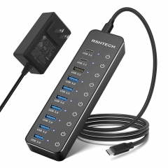 RSHTECH 10-Port Powered USB C Hub, 60W USB 3.1/3.2 hub with 10Gbps USB-A 3.2, 2 USB-C 3.2, 7 USB 3.0 Ports, Individual Touch Switches and 3.3ft Cable,