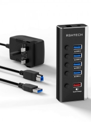 Powered USB 3.0 Hub, 5-Port USB hub with 4 Data Ports+1 Fast Charging Port ( RSH-A35, Aluminum）