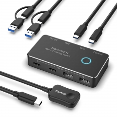USB-C 3.2 Switch, 2 In 4 Output for 2 PCs Sharing 10Gbps 2xUSB-C & USB-A Devices with 2x 3.3ft USB Cables and 4ft Desktop Controller, RSH-A201C
