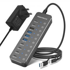 10-Port Powered USB C Hub with 3x 10Gbps USB 3.2 Data Ports (2C+1A), 7x 5Gbps USB 3.0 Ports (4C+3A) and 12V/5A 60W Power Adapter,ST10C-6
