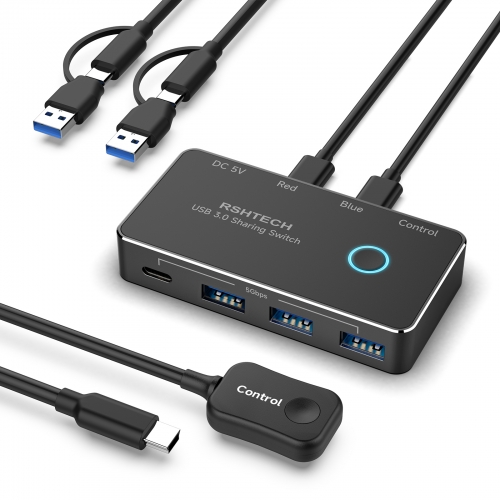 2 In 4 Output USB C/USB 3.0 Switch for 2 Computer Share 4 USB 3.0 Ports (1C+3A) , with 2x 4ft Data Cable &1x 4ft Wired Controller,RSH-A201R