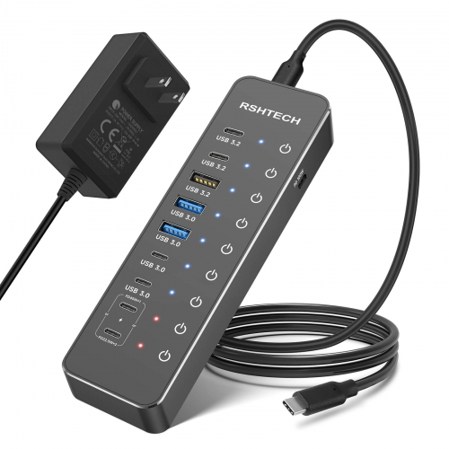 10-Port Powered USB C Hub 66W with 3x10Gbps USB-3.2 Data Ports (2C + 1A), 4 USB 3.0 Ports (2C + 2A), 2 USB-C PD 45W Charging Ports and PD 100W