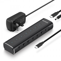 10Gbps Powered USB Hub, Aluminium 36W USB C Hub with 7x 10Gbps USB-C 3.2 Data Port, 12V/3A Power Adapter, 3.3Ft Detachable Cable for Laptop PC